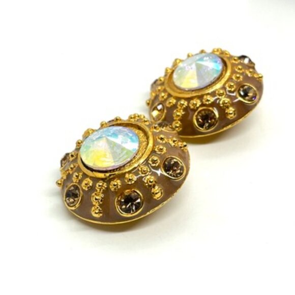 VINTAGE BLANCA AURORA BOREALIS RIVOLI ENAMEL GOLD TONE CLIP EARRINGS SIGNED - Picture 7 of 16